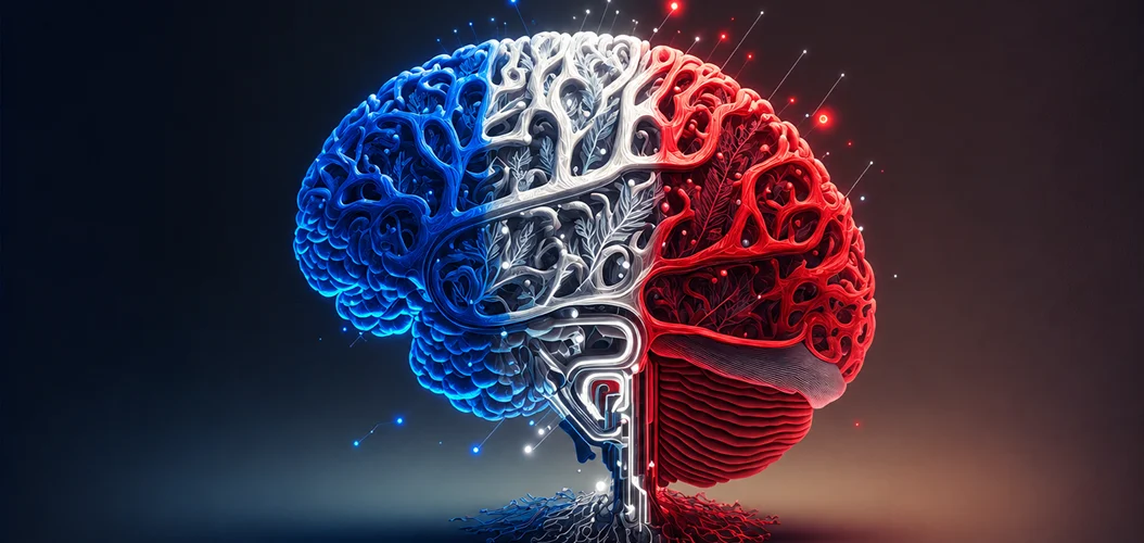 Cérebro estilizado nas cores azul e vermelho representando a inteligência artificial aprendendo o francês