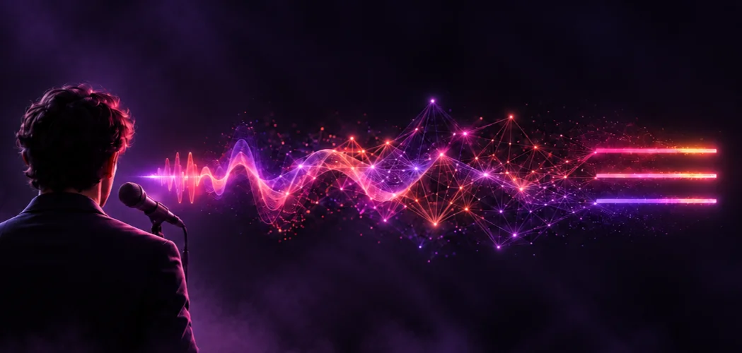 Pessoa falando ao microfone com ondas de áudio e conexões de inteligência artificial em tons roxo e vermelho, representando a legenda em tempo real