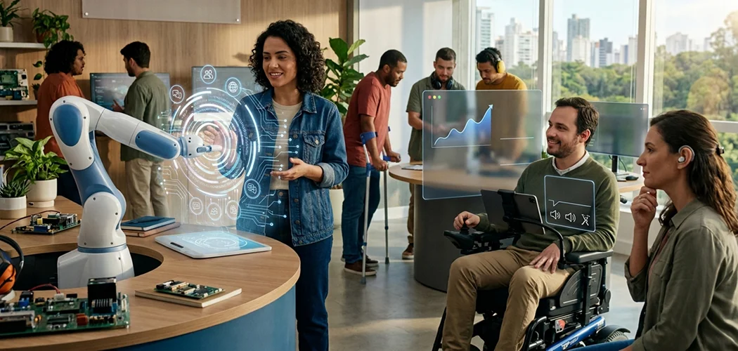 Pessoas colaborando com tecnologias de inteligência artificial em um escritório, com braço robótico e recursos de acessibilidade