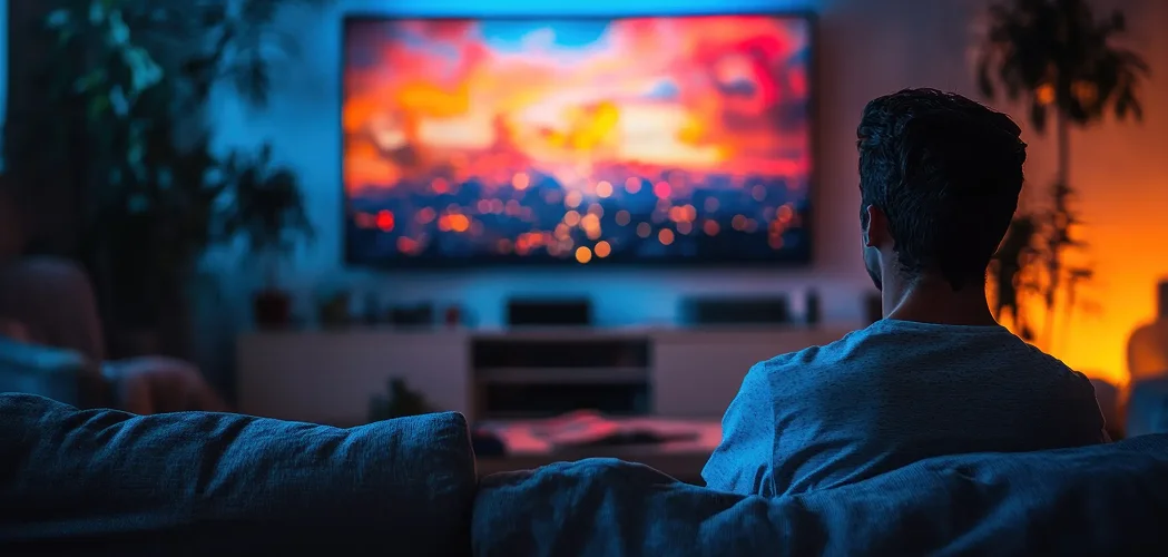 Imagem de uma pessoa sentada em um sofá, assistindo a uma televisão grande em uma sala escura e aconchegante.