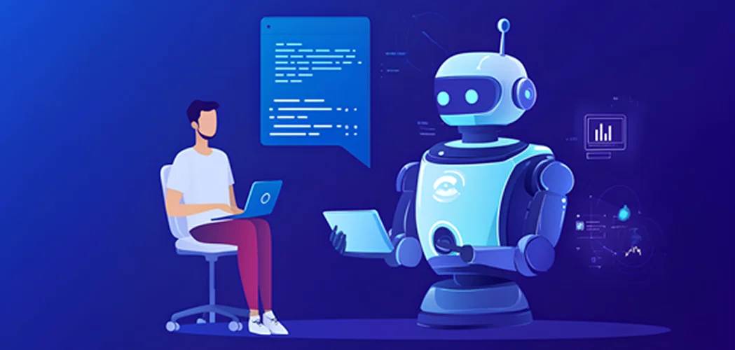 Ilustração de pessoa interagindo com robô de inteligência artificial