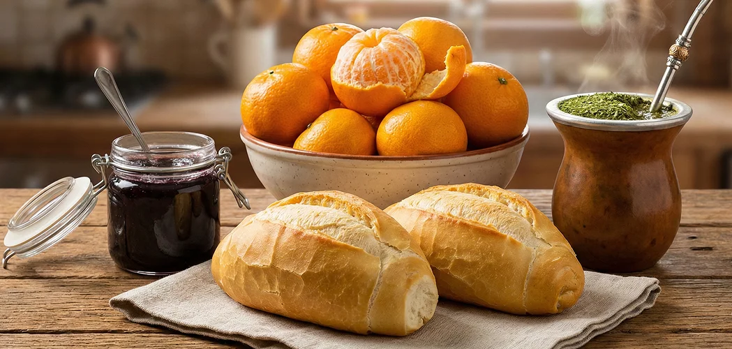 Mesa com pães franceses, geleia, bergamotas e chimarrão representando a cultura gaúcha