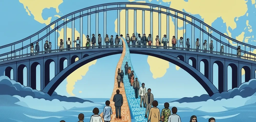 Ilustração representando a ideia de comunicação entre diferentes culturas e idiomas. No centro, há uma ponte arqueada, com várias pessoas caminhando sobre ela.