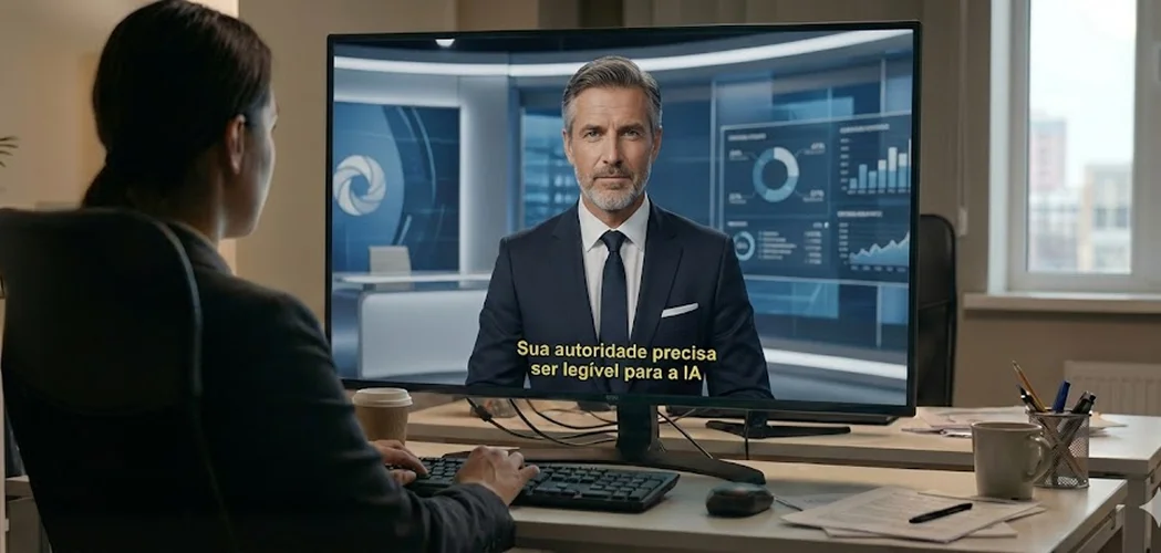 Mulher sentada em frente a um monitor exibindo um apresentador com legendas sobre autoridade e IA