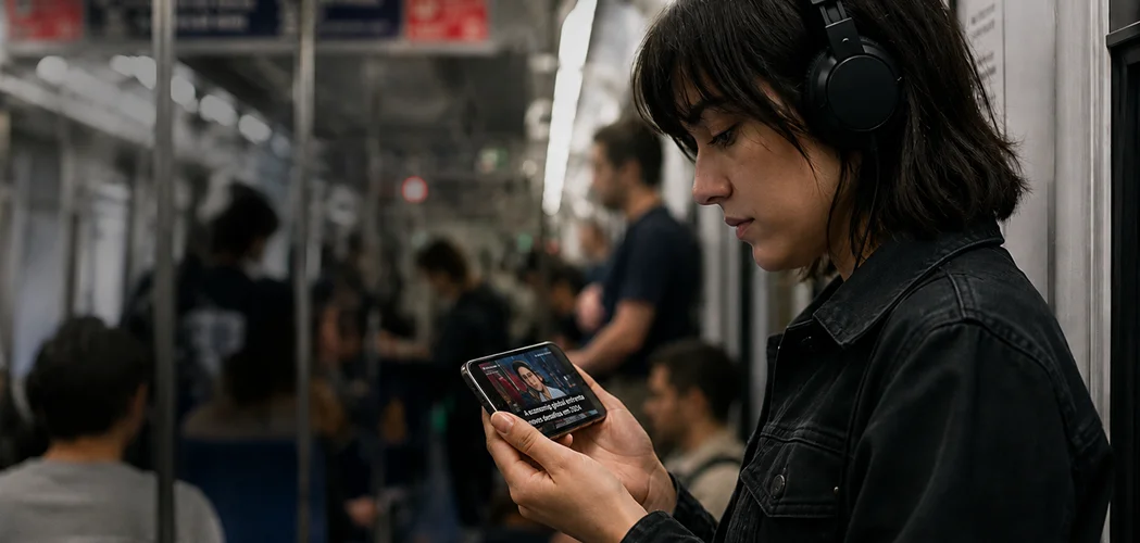Mulher de fones de ouvido assistindo a um vídeo com legendas no celular dentro de um vagão de metrô