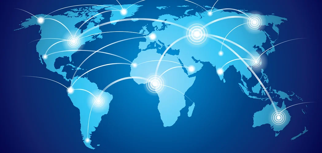 Mapa mundial com conexões entre diferentes pontos do globo